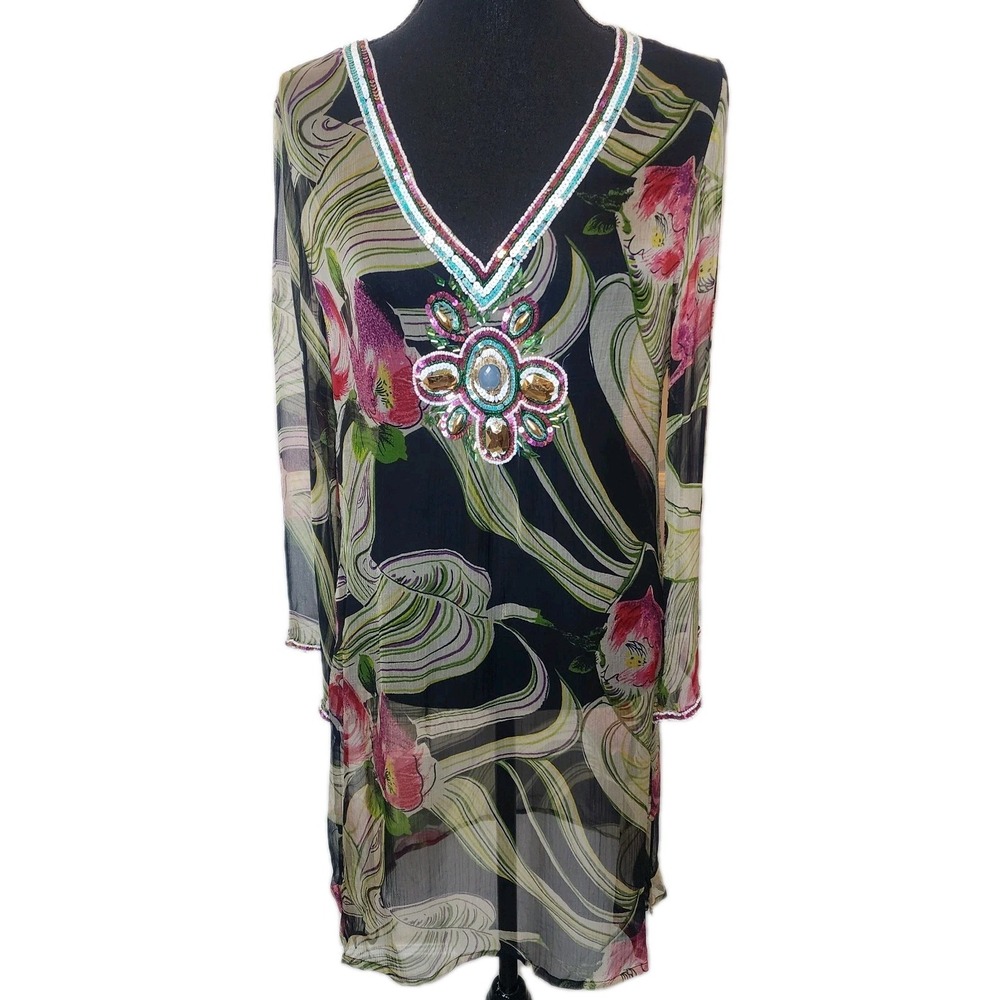 S Embellished Sequin Sheer Cover Up Dress Top Black Floral Resort Cruise Beach